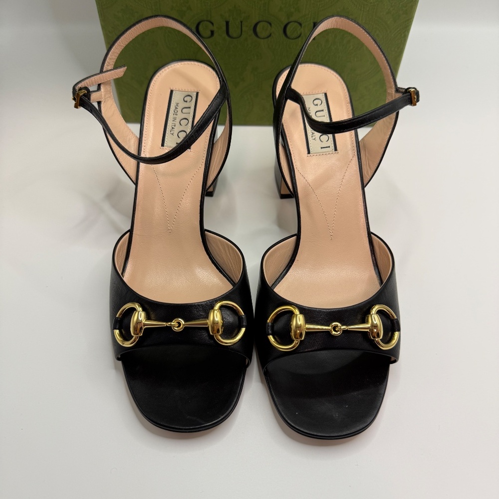 NWT GUCCI SANDAL BLACK HEEL SIZE 38 FIT 7.5-8 US HORSEBIT